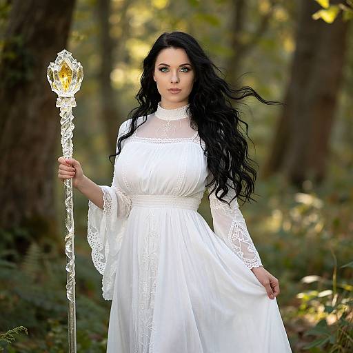 Photograph of a pale-skinned woman with long black hair in a white, lace-trimmed dress holding a crystal staff, standing in a sun