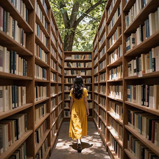 Photograph of a woman in a yellow dress walking down a sunlit library aisle, surrounded by tall wooden bookshelves filled with books, with a
