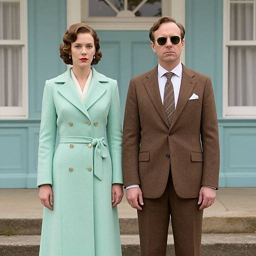 Photograph of a 1950s-style couple; woman in mint green coat, red lipstick, short brown hair; man in brown suit, white