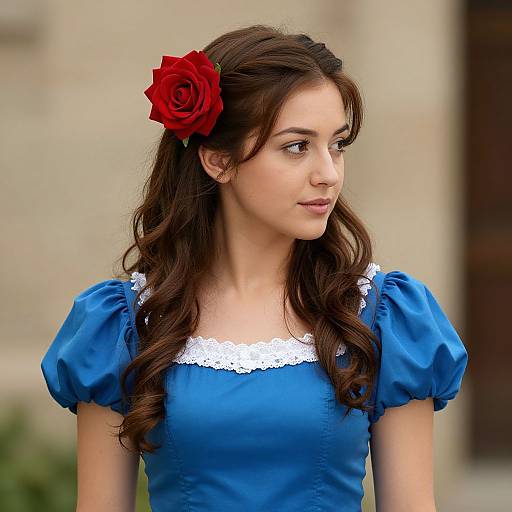 Young woman with fair skin, brown wavy hair, red rose hairpin, blue dress with white lace collar, puffy short sleeves, looking to