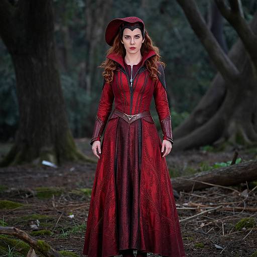 Photograph of a woman with long brown hair in a red, Victorian-style dress and wide-brimmed hat, standing in a dark, forested
