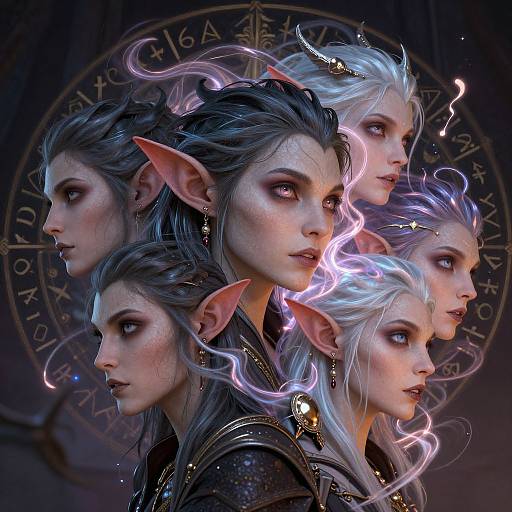 Digital artwork of five elf women with pointed ears, white and grey hair, glowing purple energy, and magical attire, set against a mystical circular symbol.