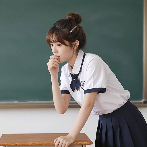 Thoughtful Asian Student in School Uniform