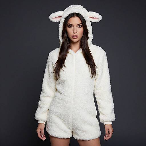 Photograph of a young woman with long dark hair, wearing a fluffy white bunny-themed onesie with hood and ears, standing against a dark blue background