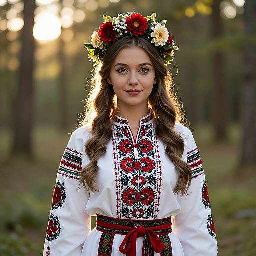 Photograph of a young woman with long brown hair, wearing a white embroidered blouse with red and black floral patterns, and a flower crown, standing in