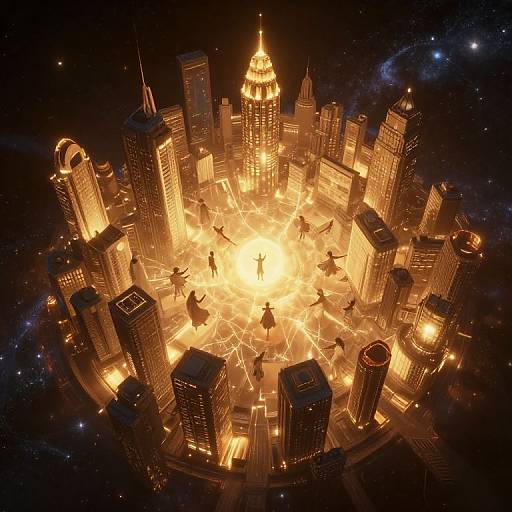 Digital CGI artwork of a glowing, circular, cityscape at night with silhouetted figures dancing around a radiant light source, surrounded by illuminated skys