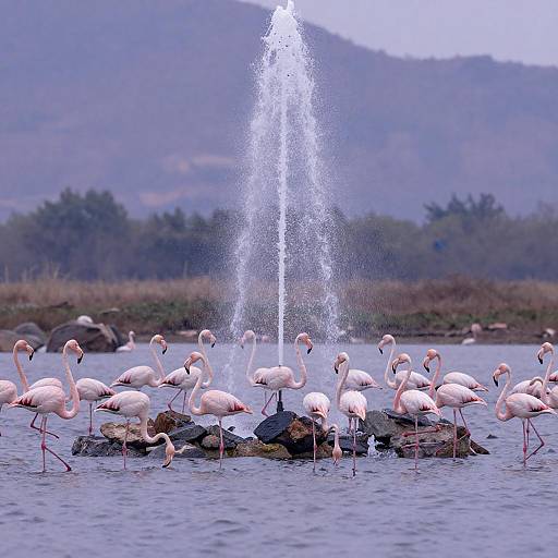 Flock of Flamingos by Fountain