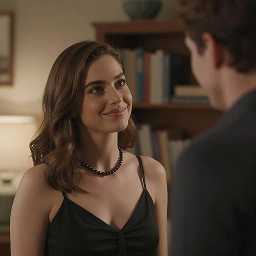 Smiling Woman in Black Top Looking at Man