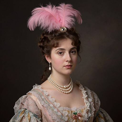 Victorian-style portrait of a young woman with fair skin, dark hair, wearing a pink feathered hat, pearl necklace, lace dress, and te