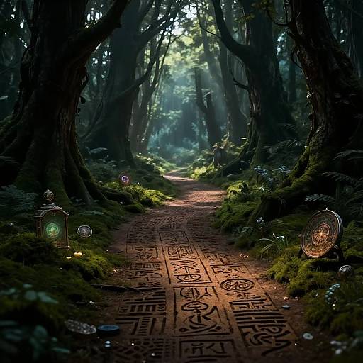 Digital fantasy art: Enchanted forest path with glowing lanterns, intricate symbols, moss-covered ground, and ethereal light filtering through tall trees.