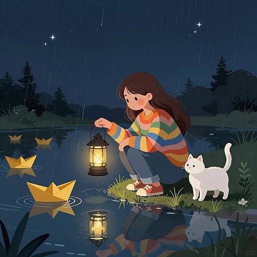 Starlit Night: Girl and Cat Illustration