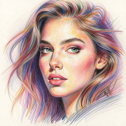 Vibrant digital drawing of a young woman with wavy, multicolored hair, green eyes, pink lips, and a serious expression, against