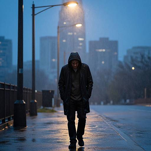 Lonely Man Walking in Rainy City