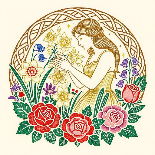 Artistic illustration of a woman with long brown hair, wearing a yellow dress, gently picking flowers within a circular woven frame, surrounded by vibrant red,