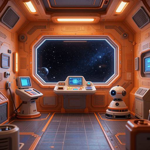 Photorealistic CGI of a futuristic spaceship cockpit with orange walls, a large starry window, R2-D2, control panels, and a view