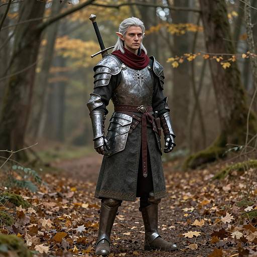 Elf Warrior in Detailed Armor on Forest Path