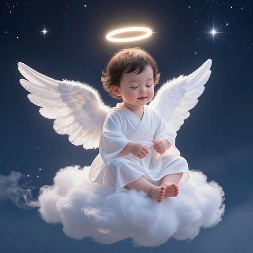Digital illustration of a cherubic baby with white wings and halo, sitting on a fluffy cloud against a starry night sky.