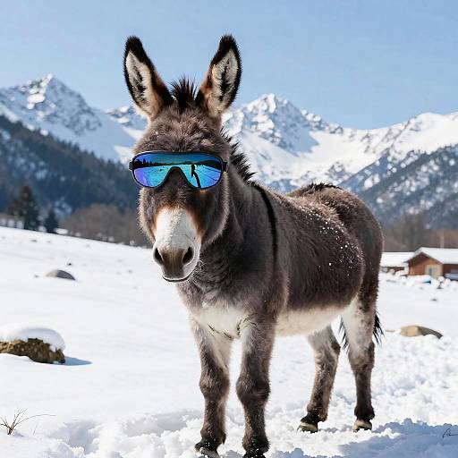 Donkey with Polarized Glasses in Snowy Mountains