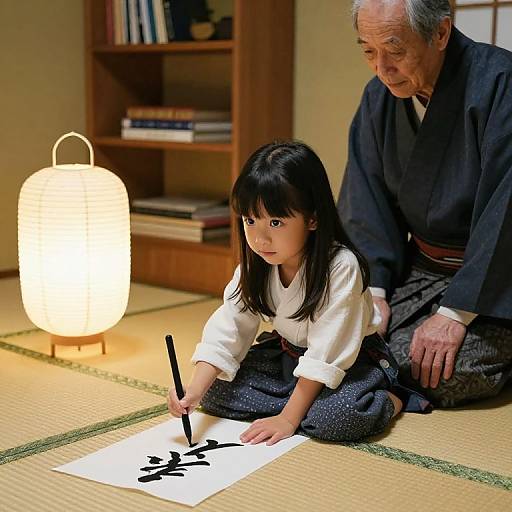 Photograph of an elderly Japanese man guiding a young girl with black hair, both kneeling on tatami mat floor, writing calligraphy by a glowing paper