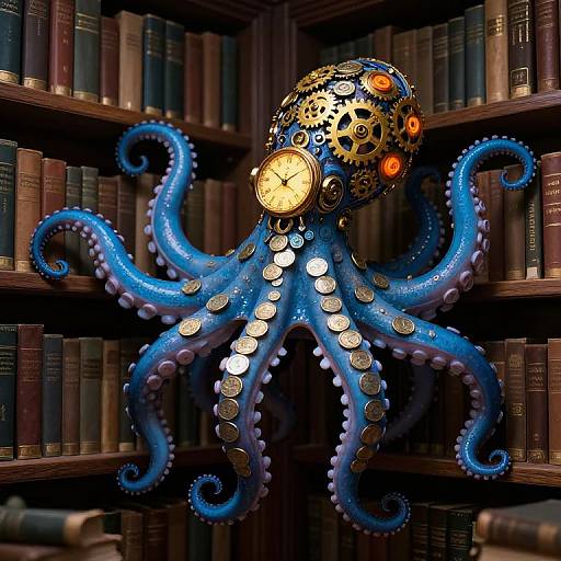 Photograph of a blue, clock-adorned, gear-covered octopus with silver coins on its tentacles, standing between wooden bookshelves filled