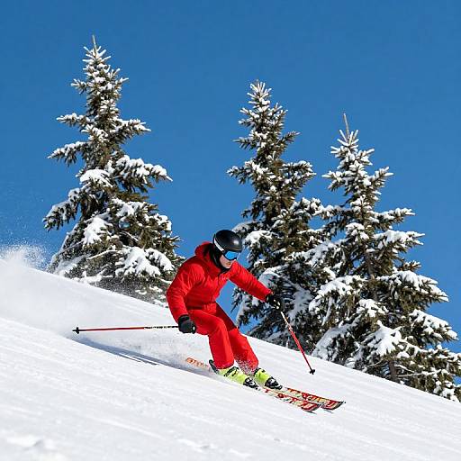 Skier in Red Suit on Snowy Slope