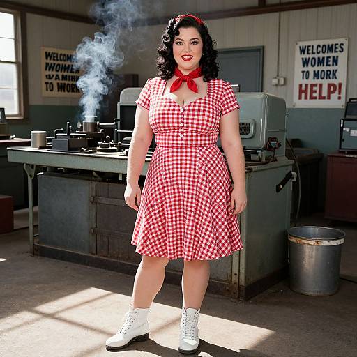 Photograph of a curvy woman with fair skin, dark curly hair, red checkered dress, white socks, and white shoes, standing in a