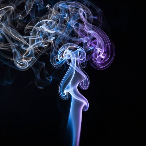 Photograph of vibrant blue and purple smoke swirling in intricate, wispy patterns against a black background, creating a mesmerizing, ethereal effect.