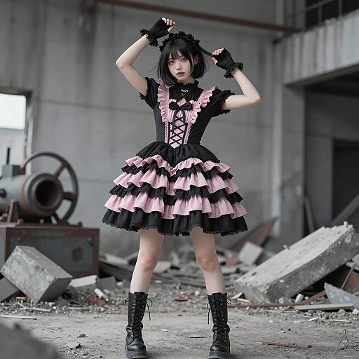 Young Woman in Gothic Lolita Dress in Industrial Ruins