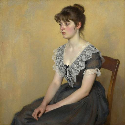 Photorealistic painting of a young Caucasian woman with brown hair in an updo, wearing a black lace-trimmed dress, seated on a wooden