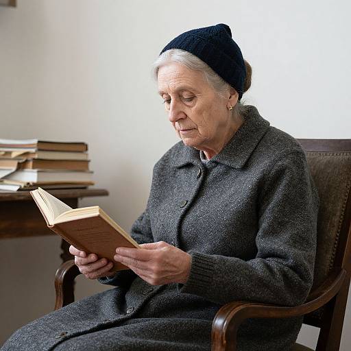 Photograph of an elderly woman with white hair, wearing a black beanie and gray coat, reading a book in a chair.