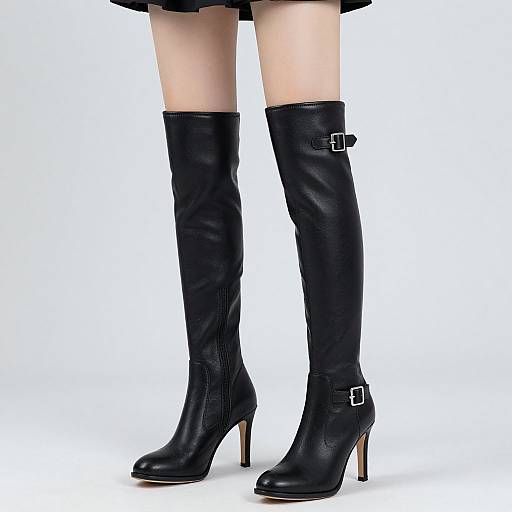 Photograph of a person's legs wearing black knee-high leather boots with buckle straps and high heels, against a white background.