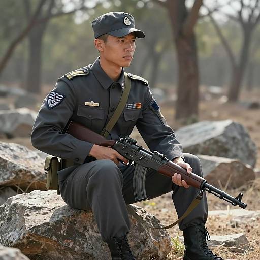 Soldier in Dark Gray Uniform on Rock