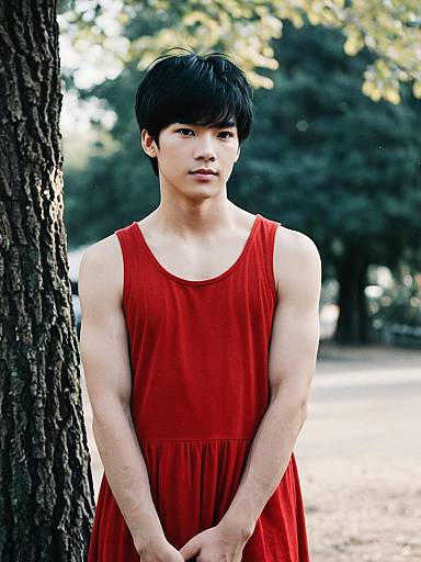 Young man in red sleeveless dress outdoors