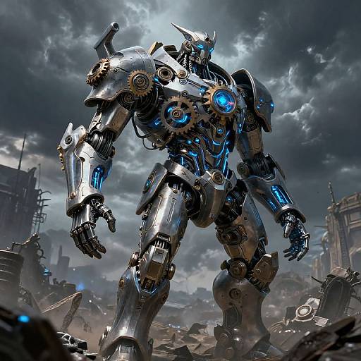 CGI futuristic robot in a stormy, dystopian cityscape. The robot is metallic with blue glowing accents, large gears, and a menacing stance