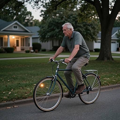 Photograph of an elderly white man with gray hair, wearing a gray shirt and beige pants, riding a green bicycle on a suburban street at dusk.