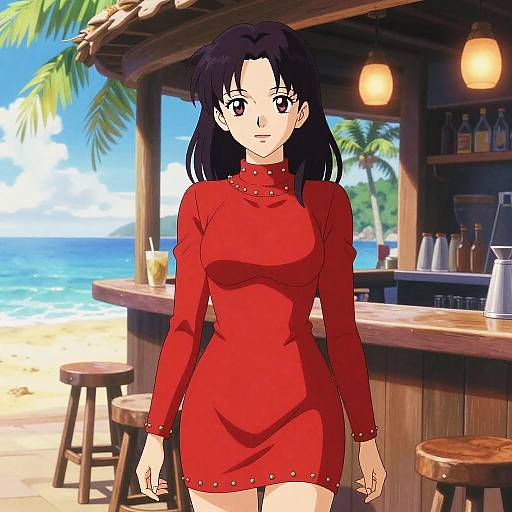Anime-style drawing of a woman with black hair in a red dress standing at a tropical beach bar with palm trees and ocean view.
