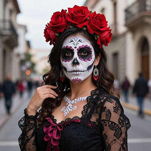 Photograph of a woman with white face paint, red flower crown, black lace dress, and intricate skull design, standing on a blurred street.