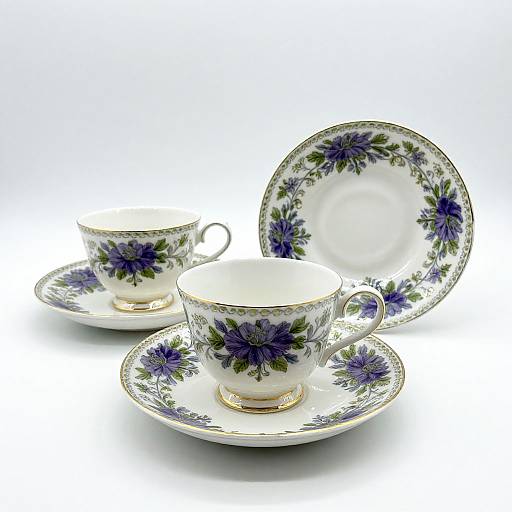 Photograph of three floral-patterned teacups and saucers with blue and green flowers, and a matching plate, set against a white background