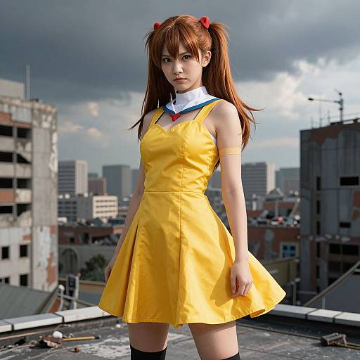 CGI anime girl with red pigtails, yellow dress, white collar, blue tie, standing on rooftop, urban cityscape background, cloudy sky