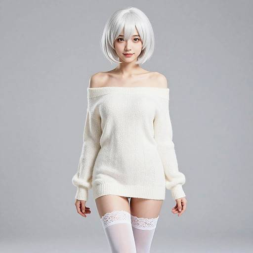Confident Woman in White Knitwear