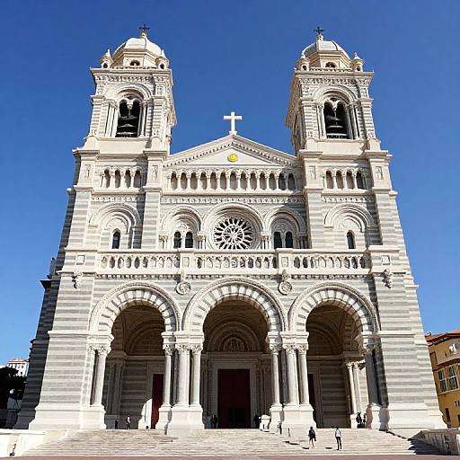 Photograph of a grand, striped, Romanesque-style church with two tall bell towers, three arched entrances, and a clear blue sky.