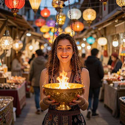 Photograph of a smiling young woman with curly brown hair holding a burning brass lantern, surrounded by colorful hanging lights in a bustling outdoor market.
