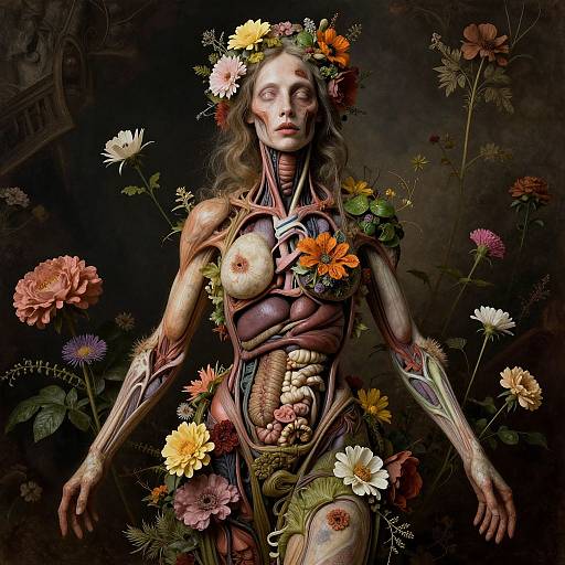 Digital art of a skeletal, flower-adorned woman with exposed organs, wearing a floral crown, surrounded by vibrant flowers in a dark, mystical background