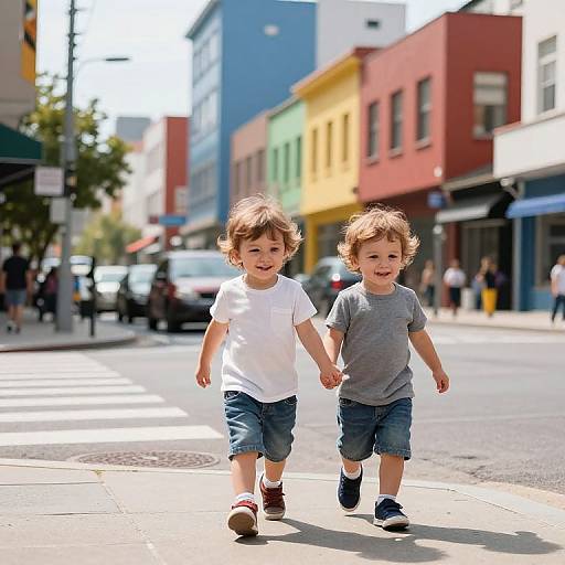 Toddlers Walking in Vibrant City