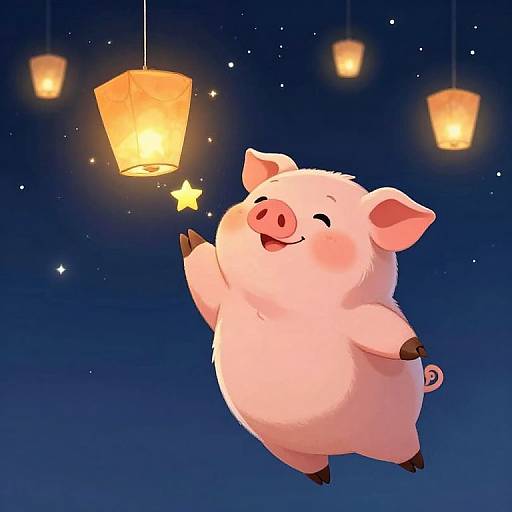 Cute digital illustration of a chubby, pink pig with a joyful expression, floating and releasing a glowing lantern in a starry night sky.