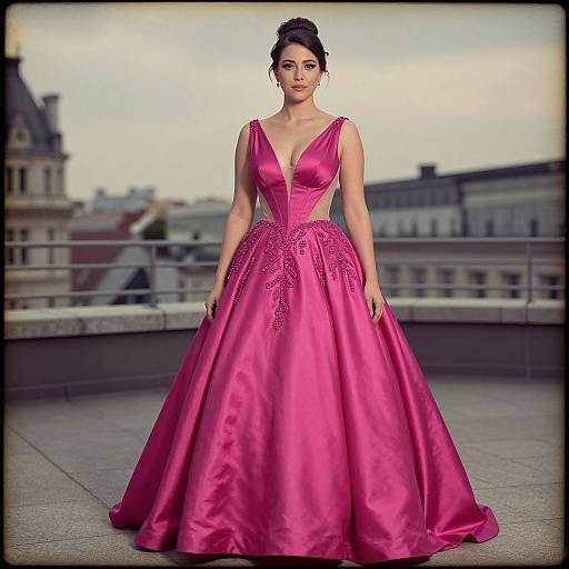 Photograph of a woman in a vibrant pink, V-neck, floor-length ball gown with intricate floral embroidery, standing on a rooftop with an urban city