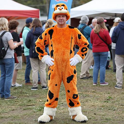 Photograph of a man in an orange, black-spotted, furry Garfield costume with a hat, standing confidently in a grassy outdoor event with