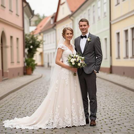 Photograph of a smiling bride in a white lace wedding dress and groom in a gray tuxedo, holding a bouquet, standing on a cobble