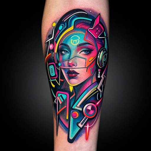 Vibrant digital tattoo of a futuristic woman with glowing neon colors, cybernetic headset, and geometric patterns on a human arm.