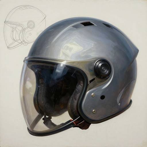 Photograph of a sleek, glossy black motorcycle helmet with a clear visor, black side vents, and a smooth, rounded design. Sketch of the